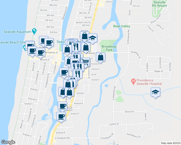 map of restaurants, bars, coffee shops, grocery stores, and more near 425 South Lincoln Street in Seaside