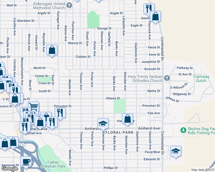 map of restaurants, bars, coffee shops, grocery stores, and more near 2820 Saint Ann Street in Butte