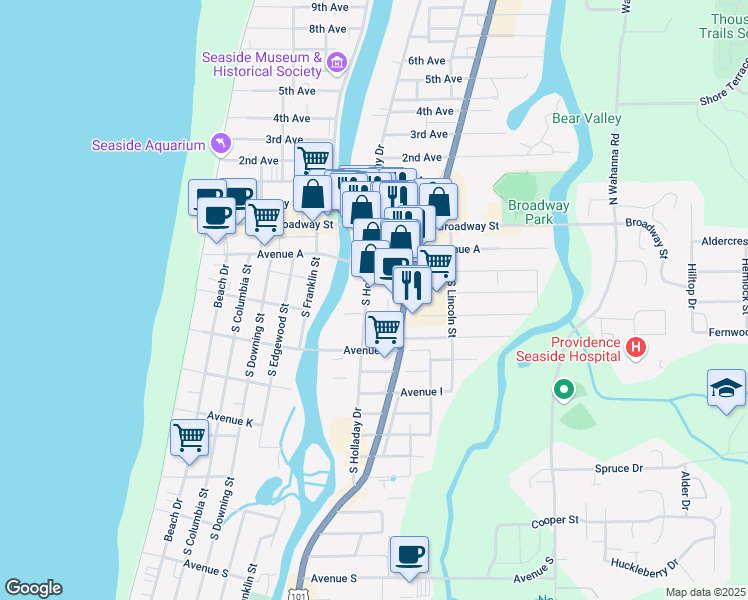 map of restaurants, bars, coffee shops, grocery stores, and more near 760 Avenue C in Seaside