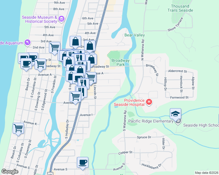 map of restaurants, bars, coffee shops, grocery stores, and more near 1269 Avenue D in Seaside