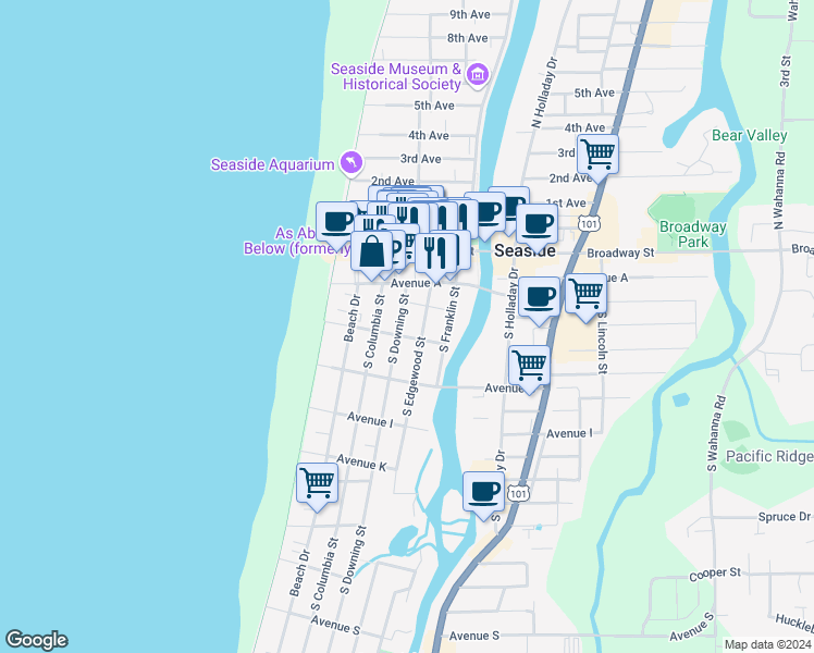 map of restaurants, bars, coffee shops, grocery stores, and more near 305 Avenue C in Seaside