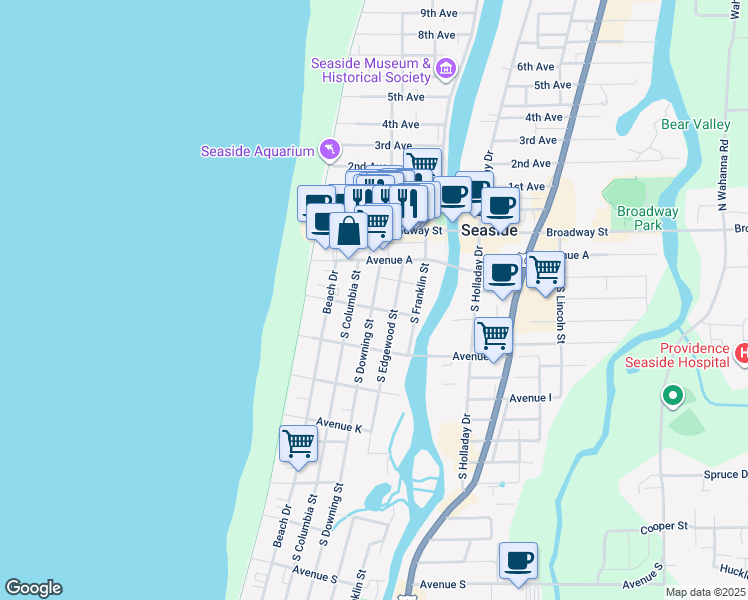 map of restaurants, bars, coffee shops, grocery stores, and more near 305 Avenue C in Seaside