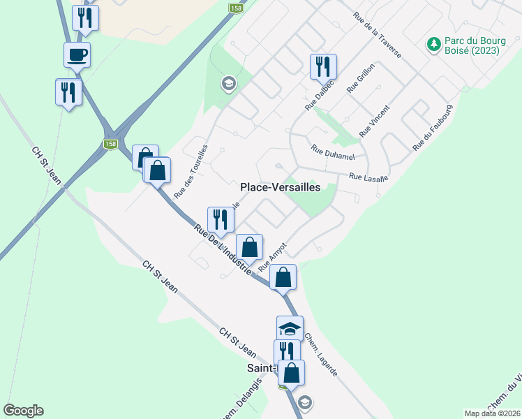 map of restaurants, bars, coffee shops, grocery stores, and more near 108 Rue Pelletier in Saint-Paul