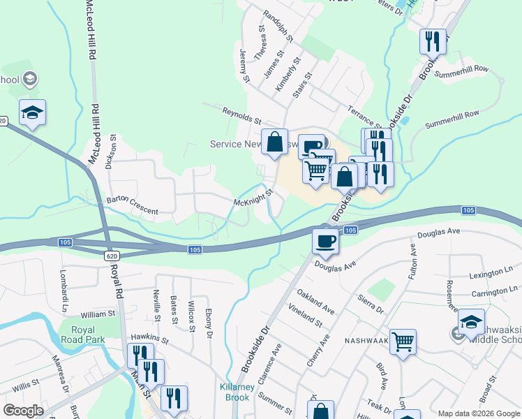 map of restaurants, bars, coffee shops, grocery stores, and more near 120 McKnight Street in Fredericton