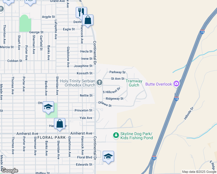 map of restaurants, bars, coffee shops, grocery stores, and more near 3420 North Hillcrest Drive in Butte