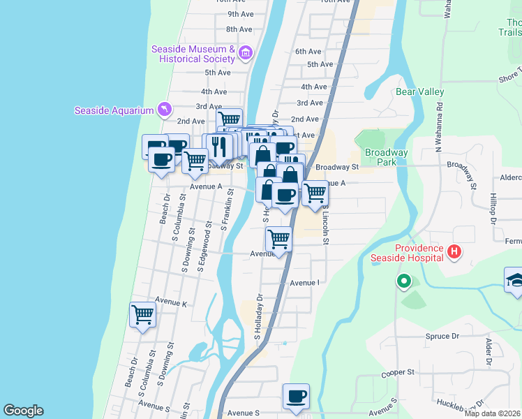 map of restaurants, bars, coffee shops, grocery stores, and more near 400 South Holladay Drive in Seaside