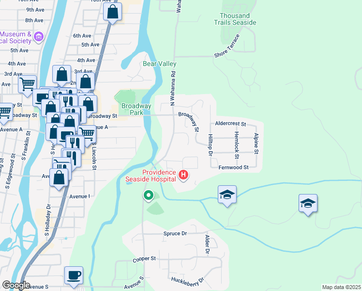 map of restaurants, bars, coffee shops, grocery stores, and more near 1653 Lea Way in Seaside