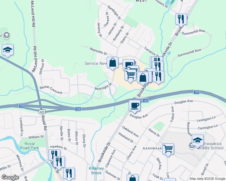 map of restaurants, bars, coffee shops, grocery stores, and more near 110 McKnight Street in Fredericton