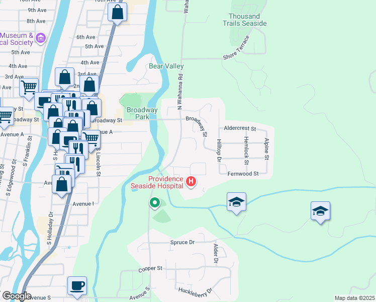 map of restaurants, bars, coffee shops, grocery stores, and more near 1653 Lea Way in Seaside