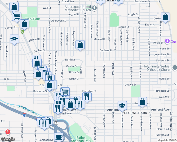 map of restaurants, bars, coffee shops, grocery stores, and more near 2460 Saint Ann Street in Butte