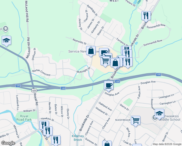 map of restaurants, bars, coffee shops, grocery stores, and more near 110 McKnight Street in Fredericton