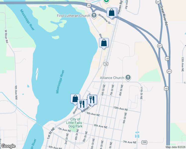 map of restaurants, bars, coffee shops, grocery stores, and more near 1501 Riverview Drive in Little Falls