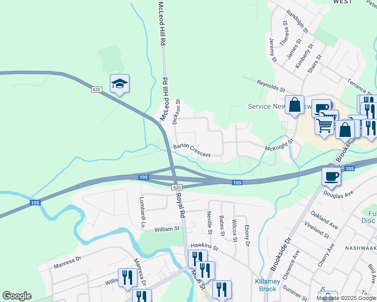 map of restaurants, bars, coffee shops, grocery stores, and more near 46 Barton Crescent in Fredericton