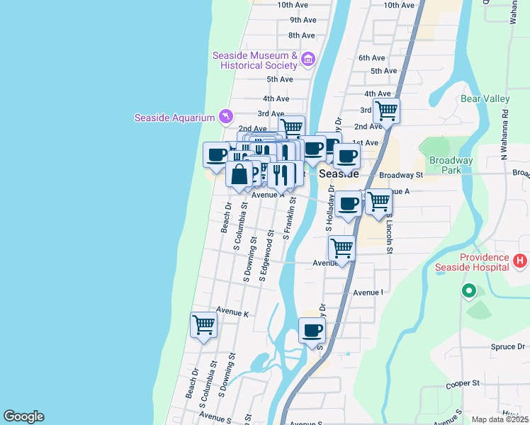 map of restaurants, bars, coffee shops, grocery stores, and more near 305 Avenue C in Seaside
