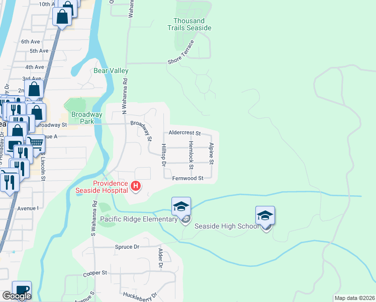 map of restaurants, bars, coffee shops, grocery stores, and more near 2043 Cedar Street in Seaside