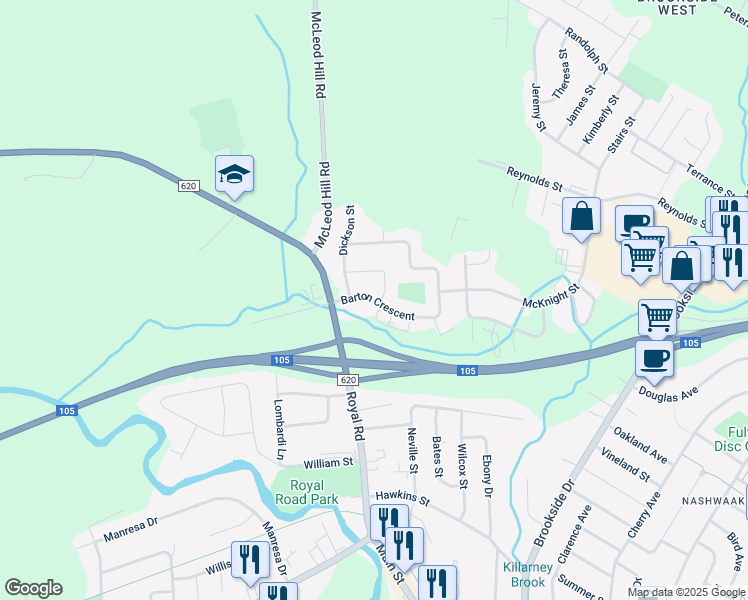 map of restaurants, bars, coffee shops, grocery stores, and more near Barton Crescent in Fredericton