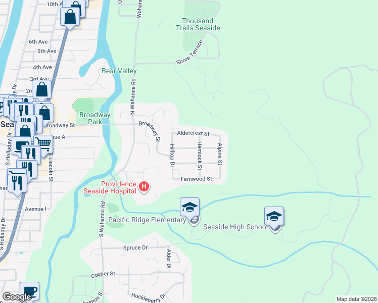 map of restaurants, bars, coffee shops, grocery stores, and more near 2043 Cedar Street in Seaside
