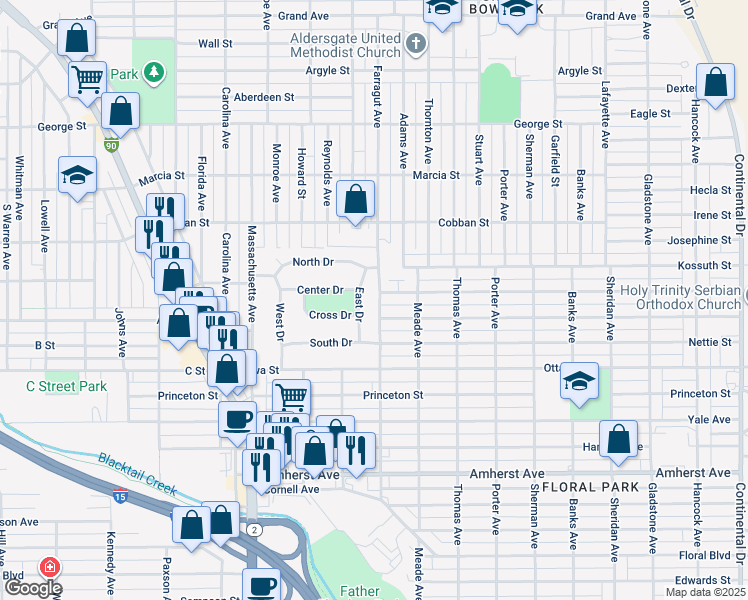 map of restaurants, bars, coffee shops, grocery stores, and more near 2121 Farragut Ave in Butte