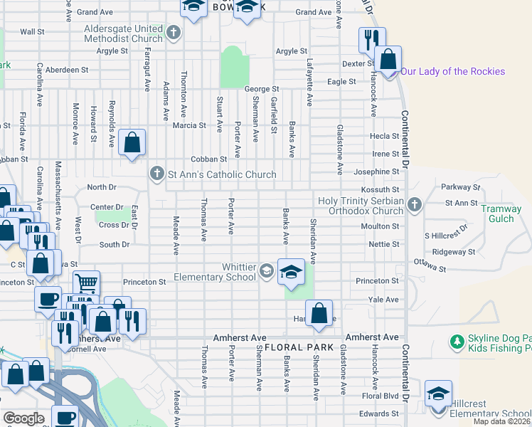 map of restaurants, bars, coffee shops, grocery stores, and more near 2820 Saint Ann Street in Butte