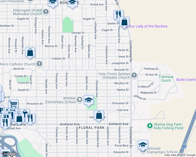 map of restaurants, bars, coffee shops, grocery stores, and more near 2140 Sheridan Avenue in Butte
