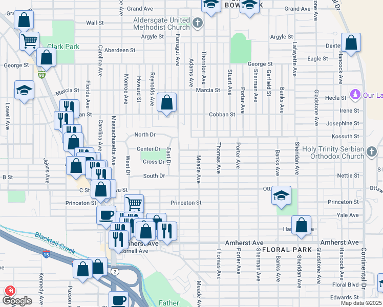 map of restaurants, bars, coffee shops, grocery stores, and more near 2460 Saint Ann Street in Butte