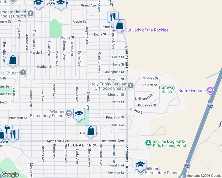 map of restaurants, bars, coffee shops, grocery stores, and more near 3140 Saint Ann Street in Butte