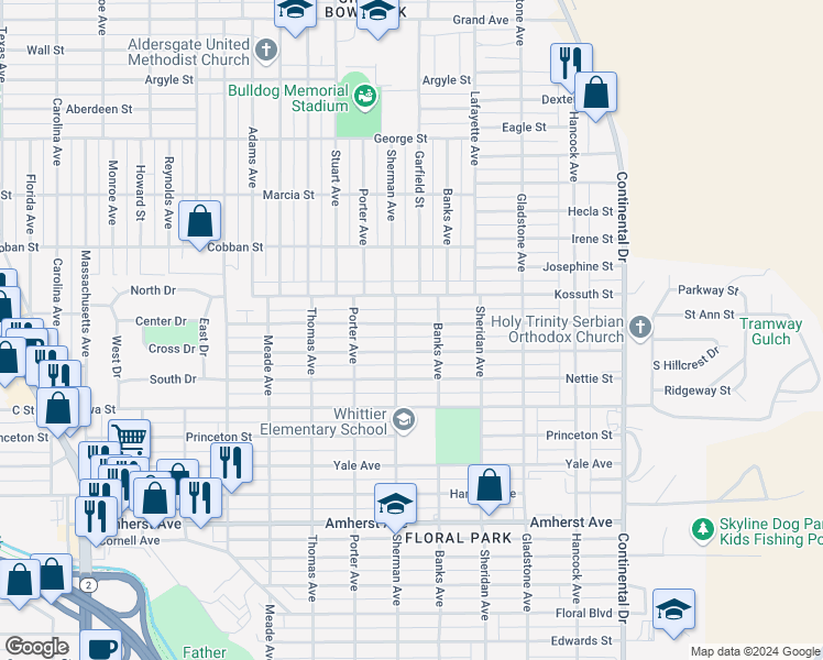 map of restaurants, bars, coffee shops, grocery stores, and more near 2820 Saint Ann Street in Butte