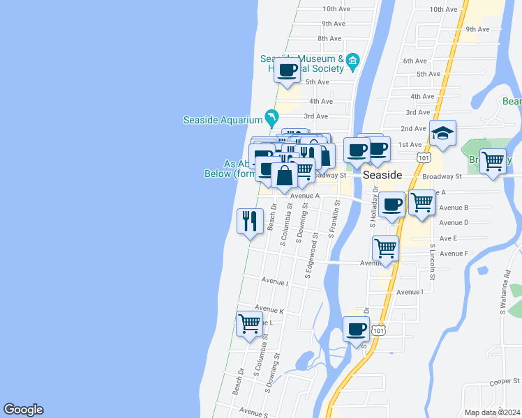 map of restaurants, bars, coffee shops, grocery stores, and more near 475 South Promenade in Seaside
