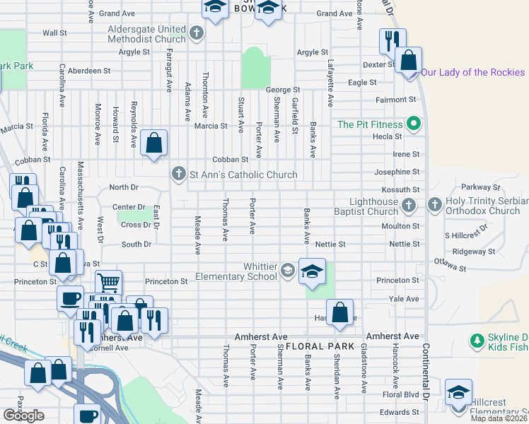 map of restaurants, bars, coffee shops, grocery stores, and more near 2730 Saint Ann Street in Butte