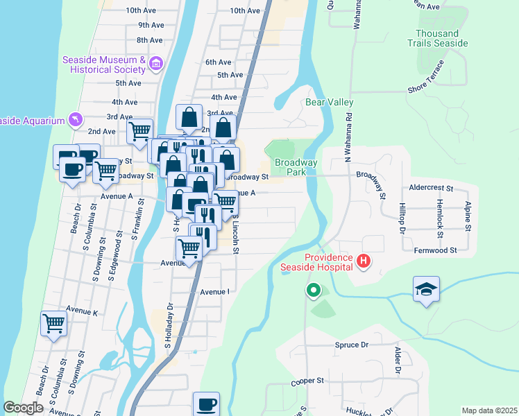 map of restaurants, bars, coffee shops, grocery stores, and more near 1179 Ave B in Seaside