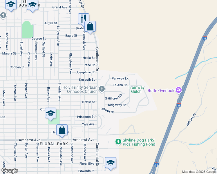 map of restaurants, bars, coffee shops, grocery stores, and more near 3420 North Hillcrest Drive in Butte-Silver Bow