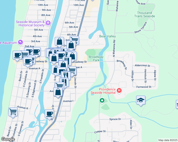 map of restaurants, bars, coffee shops, grocery stores, and more near 1226 Avenue B in Seaside