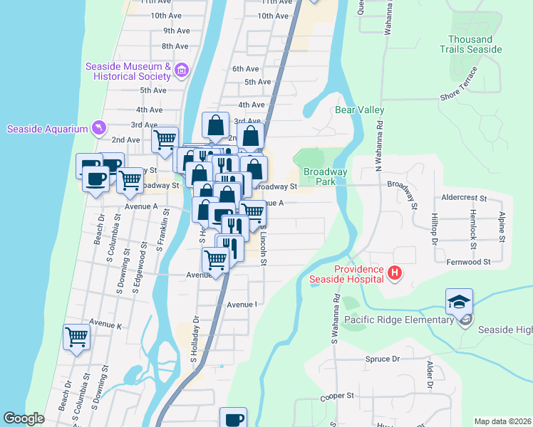 map of restaurants, bars, coffee shops, grocery stores, and more near 285 South Lincoln Street in Seaside