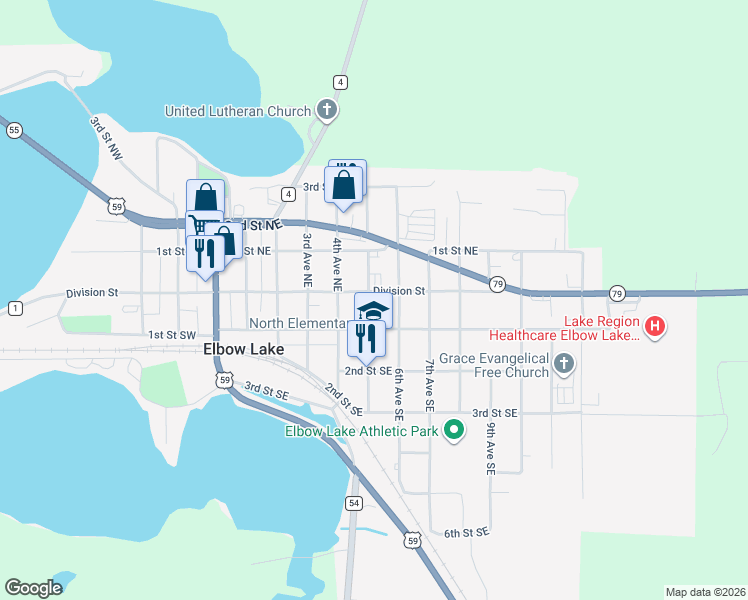 map of restaurants, bars, coffee shops, grocery stores, and more near 17 5th Avenue Southeast in Elbow Lake