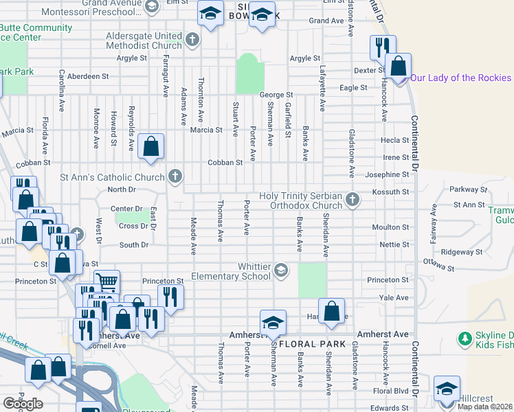 map of restaurants, bars, coffee shops, grocery stores, and more near 2725 Saint Ann Street in Butte