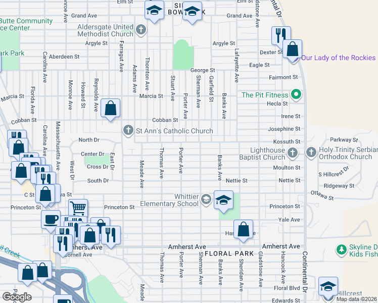 map of restaurants, bars, coffee shops, grocery stores, and more near 2730 Saint Ann Street in Butte