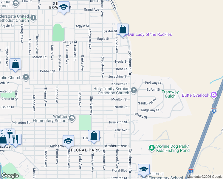 map of restaurants, bars, coffee shops, grocery stores, and more near 3140 Saint Ann Street in Butte
