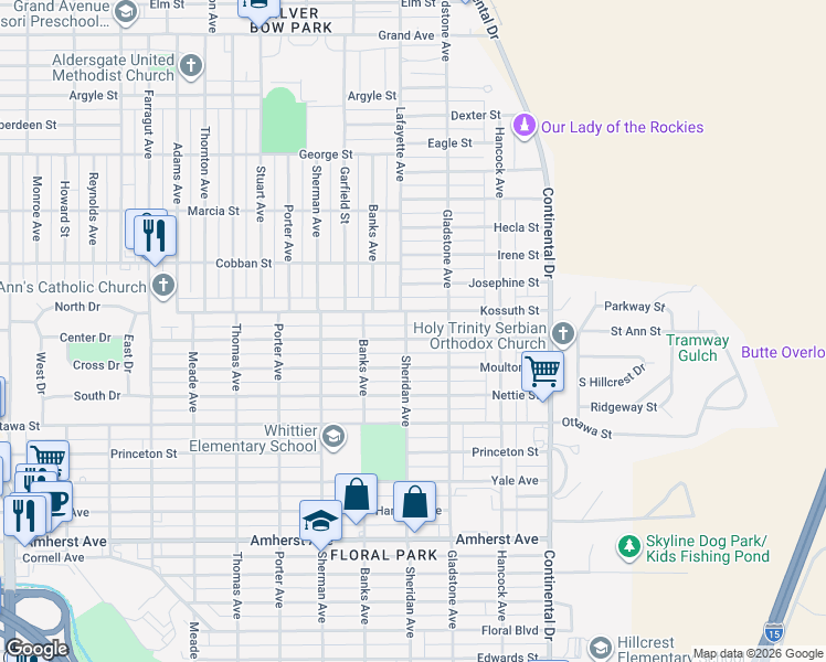 map of restaurants, bars, coffee shops, grocery stores, and more near 2140 Sheridan Avenue in Butte