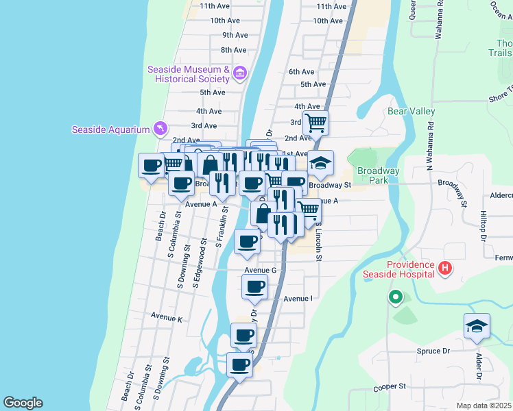 map of restaurants, bars, coffee shops, grocery stores, and more near 400 South Holladay Drive in Seaside