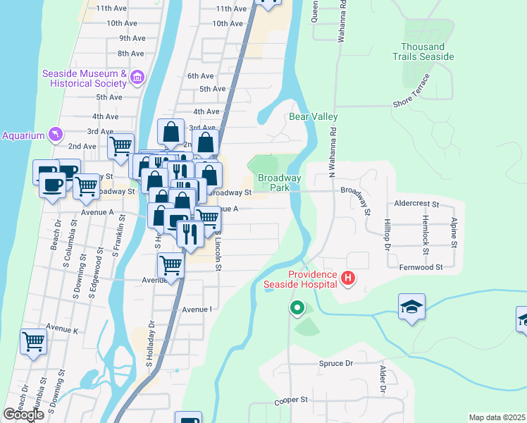 map of restaurants, bars, coffee shops, grocery stores, and more near 1255 Broadway Street in Seaside