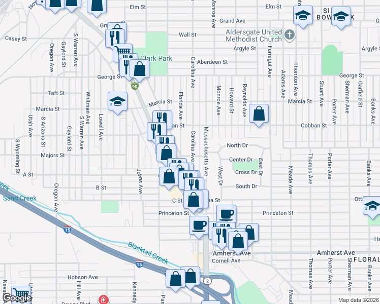 map of restaurants, bars, coffee shops, grocery stores, and more near 2044 Carolina Avenue in Butte