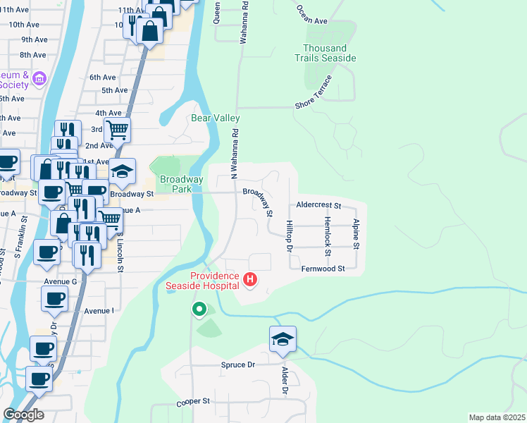map of restaurants, bars, coffee shops, grocery stores, and more near 145 North Wahanna Road in Seaside