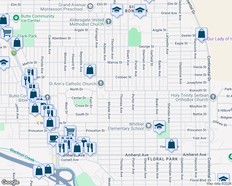 map of restaurants, bars, coffee shops, grocery stores, and more near 2507 Kossuth Street in Butte