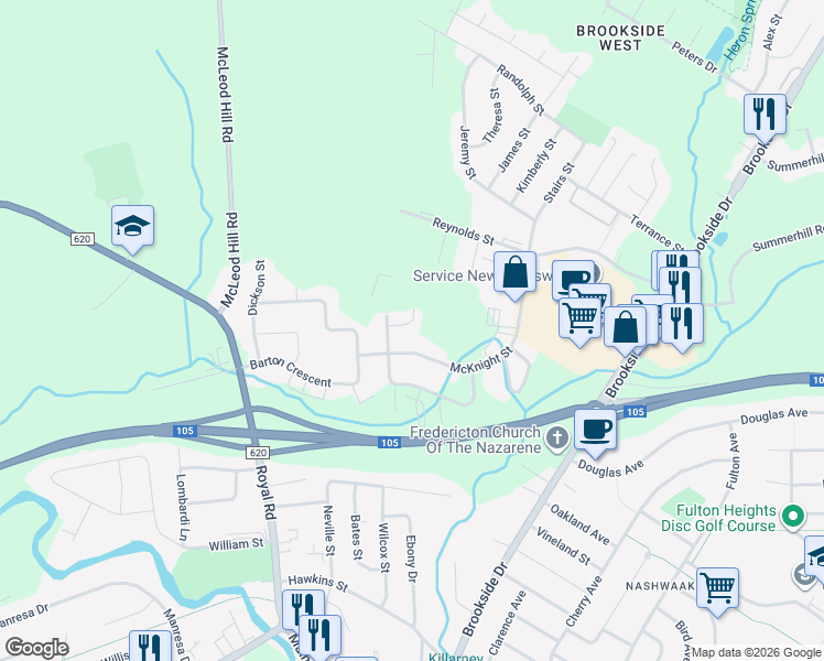 map of restaurants, bars, coffee shops, grocery stores, and more near 22 Hayward Court in Fredericton