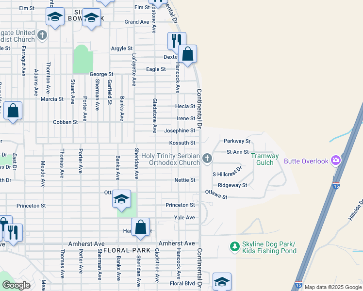 map of restaurants, bars, coffee shops, grocery stores, and more near 2019 Hancock Avenue in Butte-Silver Bow