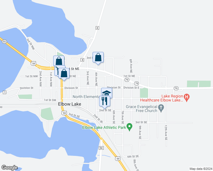 map of restaurants, bars, coffee shops, grocery stores, and more near 20 5th Avenue Northeast in Elbow Lake