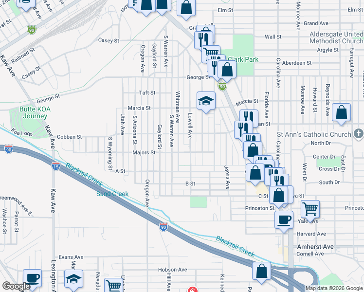 map of restaurants, bars, coffee shops, grocery stores, and more near 2000-2040 Whitman Avenue in Butte