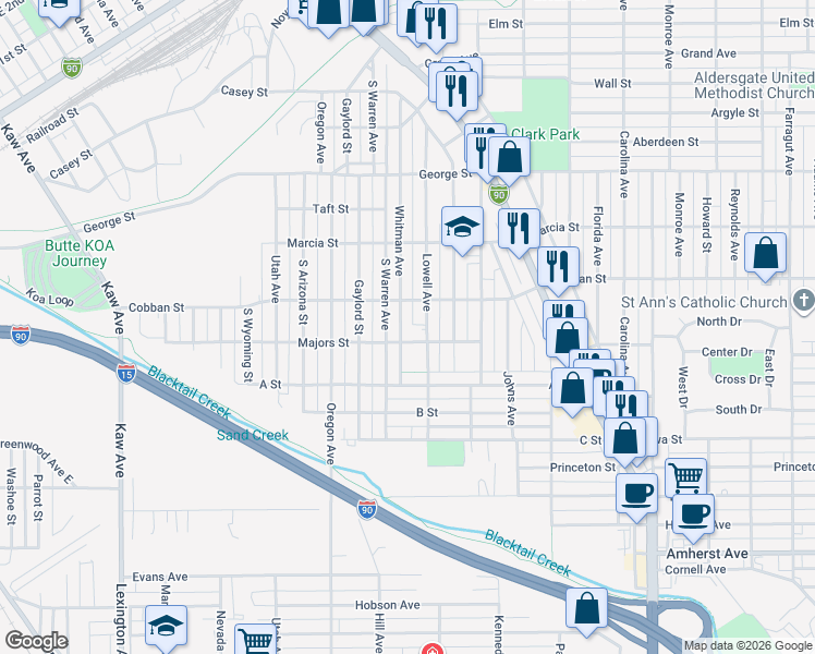 map of restaurants, bars, coffee shops, grocery stores, and more near 2000-2040 Whitman Avenue in Butte