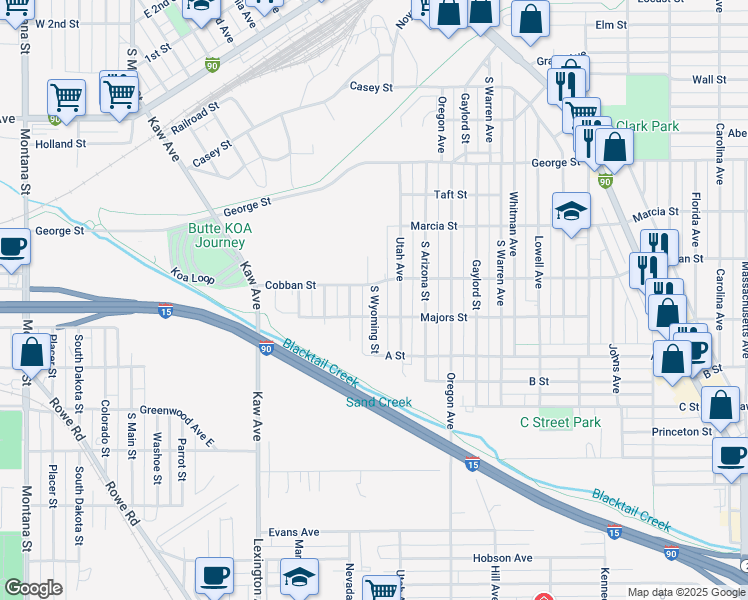 map of restaurants, bars, coffee shops, grocery stores, and more near 1020 Cobban Street in Butte
