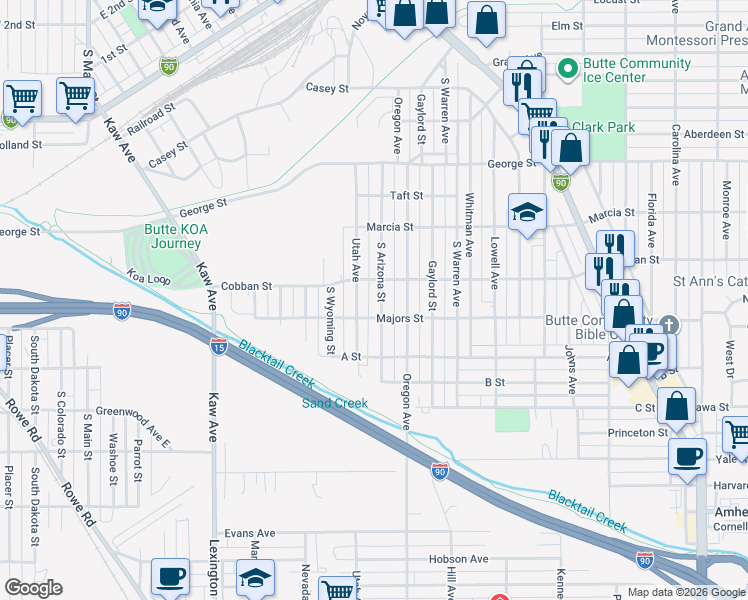 map of restaurants, bars, coffee shops, grocery stores, and more near 2018 Utah Avenue in Butte